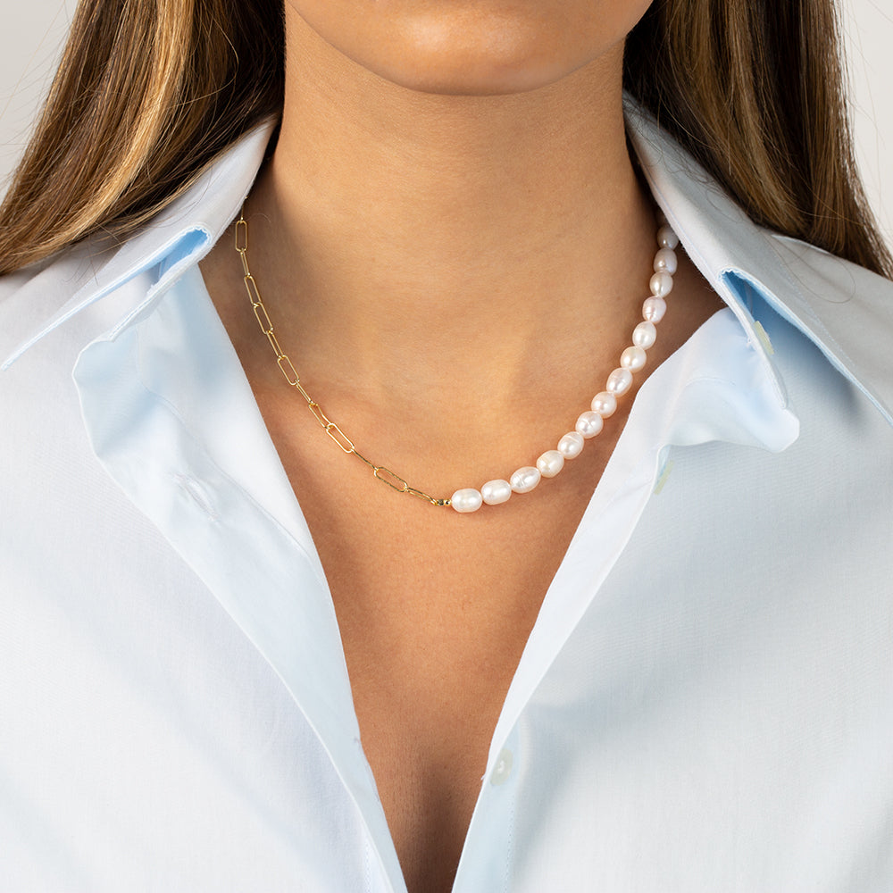 14K Yellow Gold Paperclip Necklace with Pearl and Diamond Necklace - Snow's  Jewelers Miami Lakes